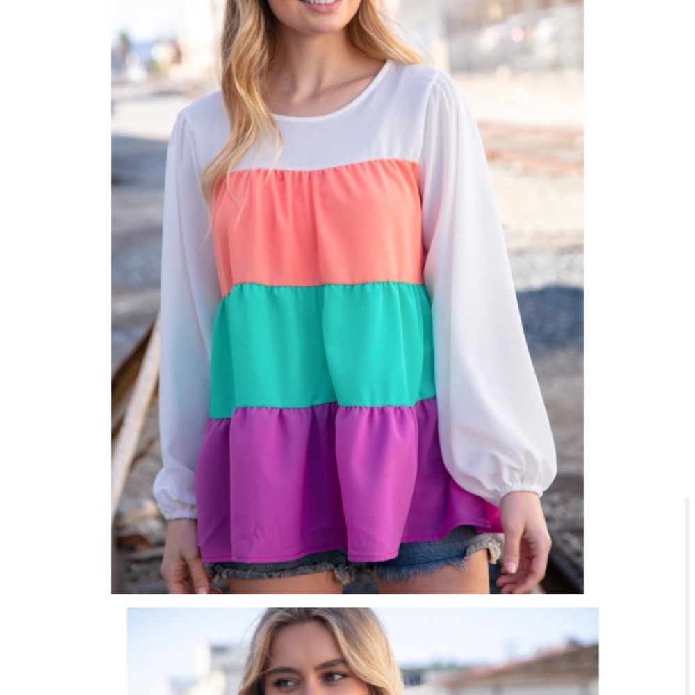 Purple Orange Teal Colorblock Tiered Ruffle Top Oversized Blouse
